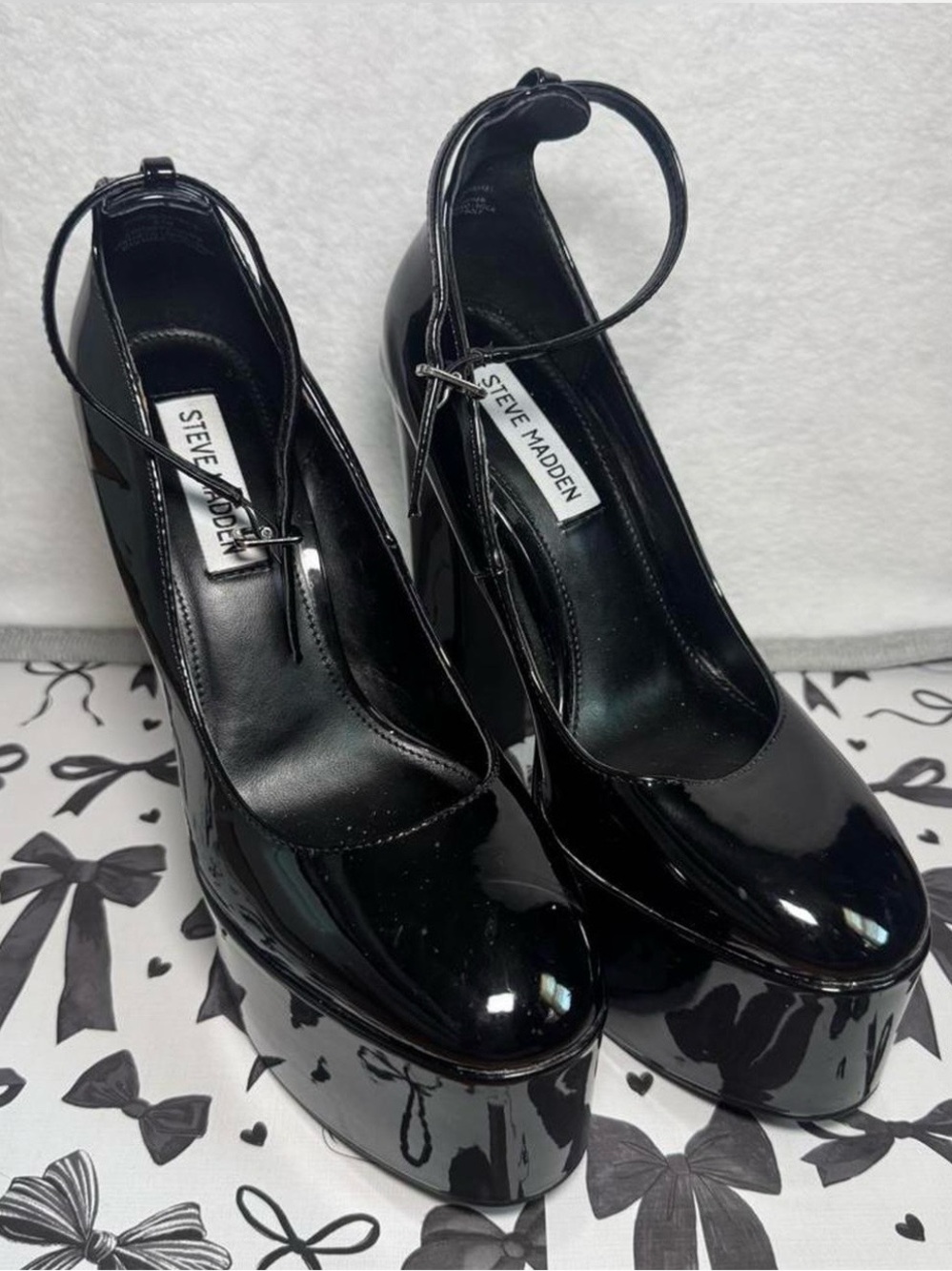 Steve Madden Black Patent Platform Ankle-Strap Heels